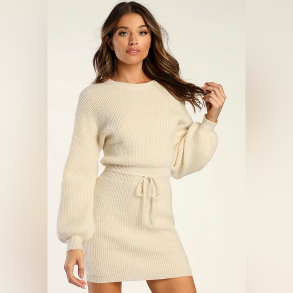 Flirting with Fall Cream Drawstring Mini Sweater Dress - Picture 1 of 5